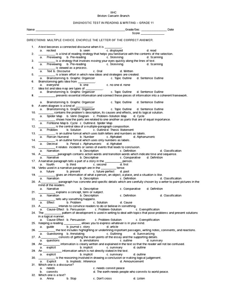 Diagnostic Test in Reading and Writing Analyzing a High School Level Assessment PDF Speed