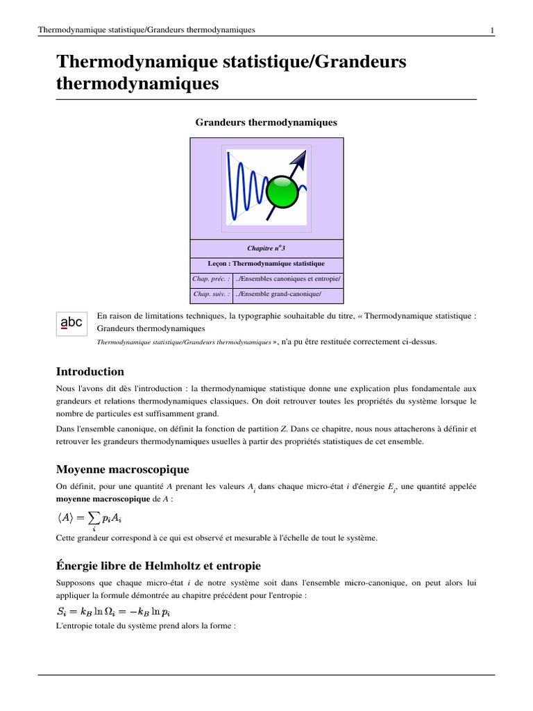 Grandeurs en thermodynamique statistique | PDF | Physique statistique ...