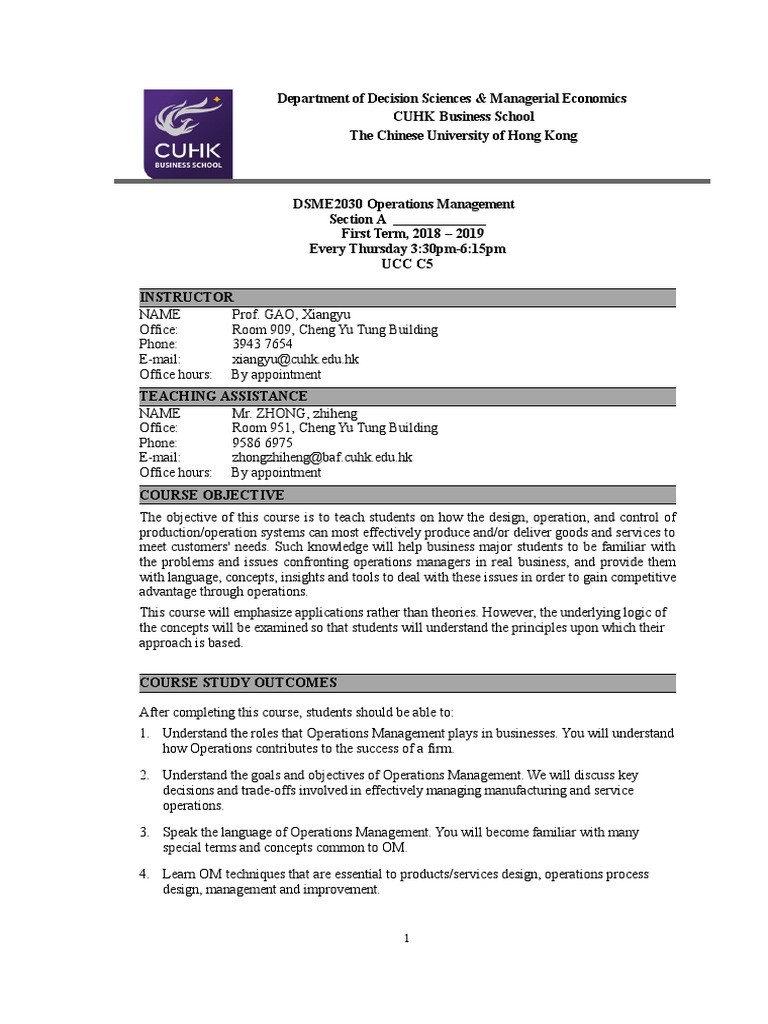 2018 Fall Course Outline DSME2030A | PDF | Homework | Operations Management