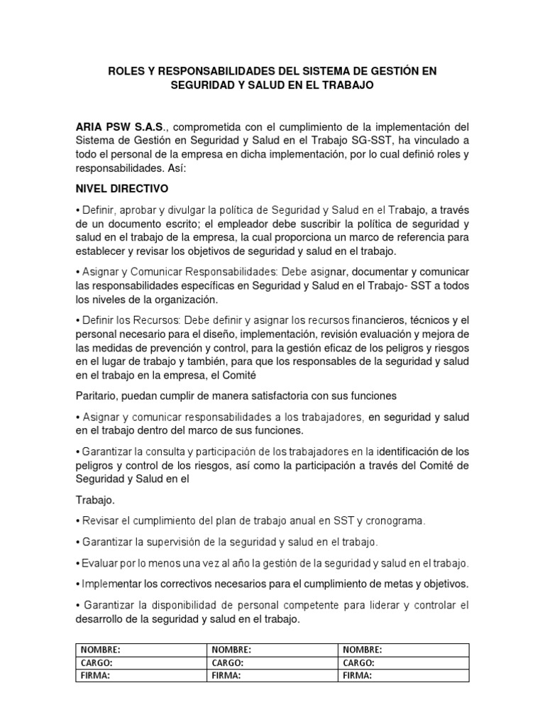 Roles y Responsabilidades Del Sistema de Gestión en Seguridad y Salud ...