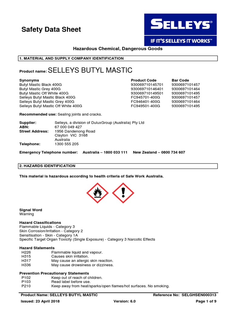 Selleys Butyl MasticAus GHS PDF Dangerous Goods Fires