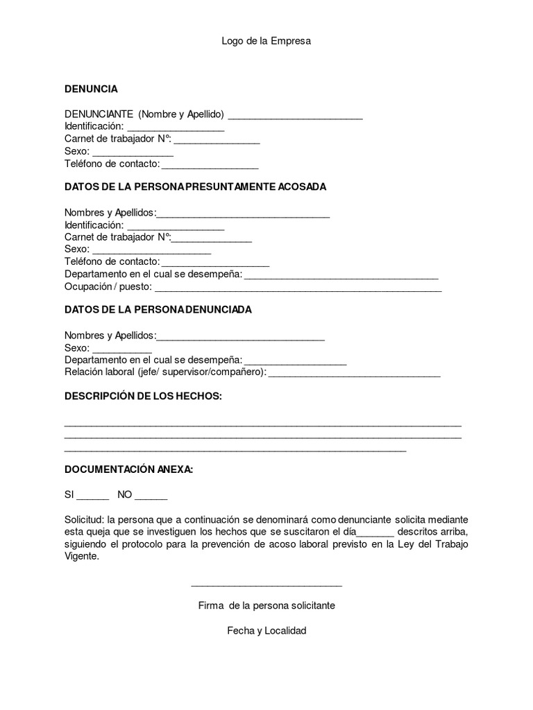 Modelo de Carta de Queja Por Acoso Laboral para Descargar PDF