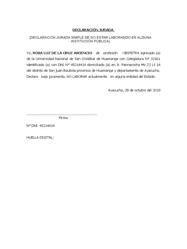 Declaracion Jurada de No Estar Laborando | PDF