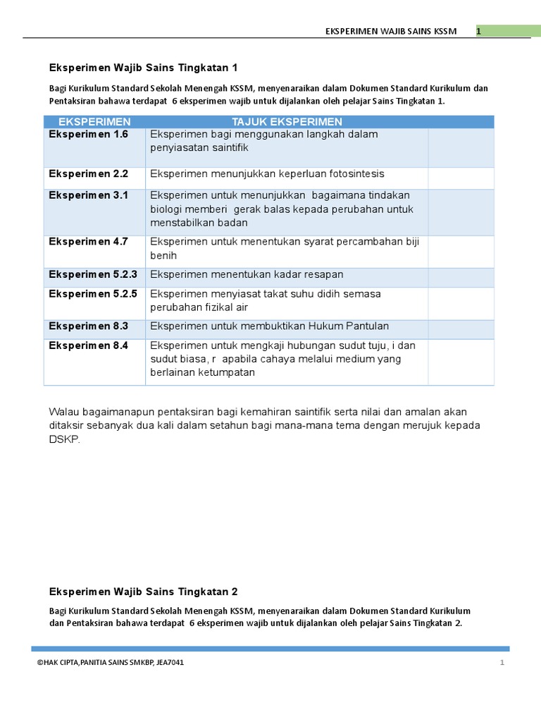 Eksperimen Wajib Kssm Mengikut Dskp Doc