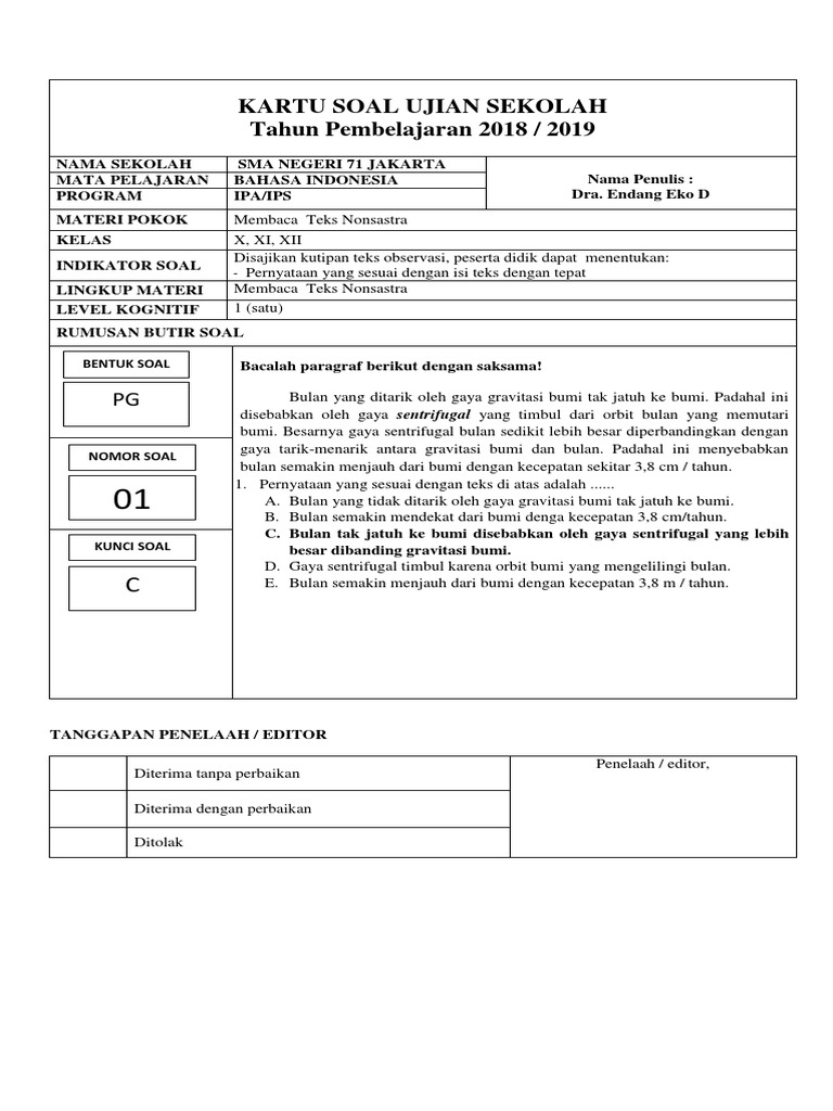 Kartu Soal Bindo Usbn 50