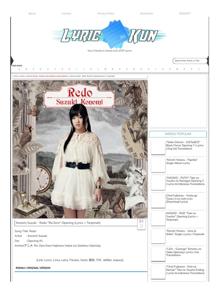 Konomi Suzuki Redo Rezero Opening Lyrics Terjemah Lyrickun Anime And Jpop Lyrics