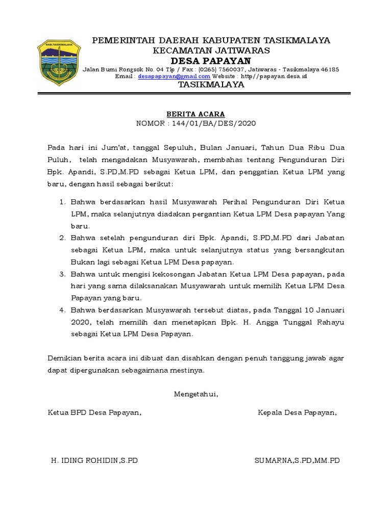 Berita Acara Pengganti Ketua Lpm