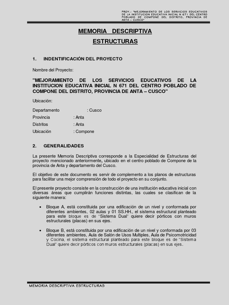 Memoria Descriptiva Estructuras - Compone PDF | PDF | Fundación ...