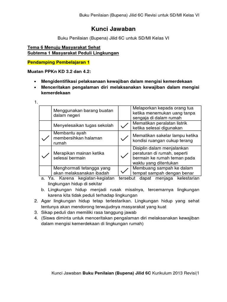 Kunci Jawaban Bupena 6c K13 Revisi