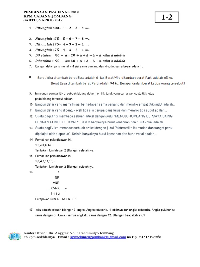 Latihan Soal Olimpiade Matematika Kelas 1 2 Pdf