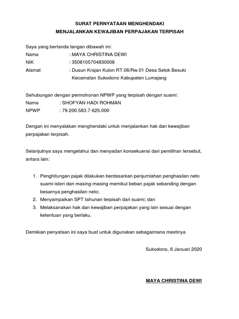 S Pernyataan Menghendaki Menjalankan Kewajiban Perpajakan Terpisah | PDF