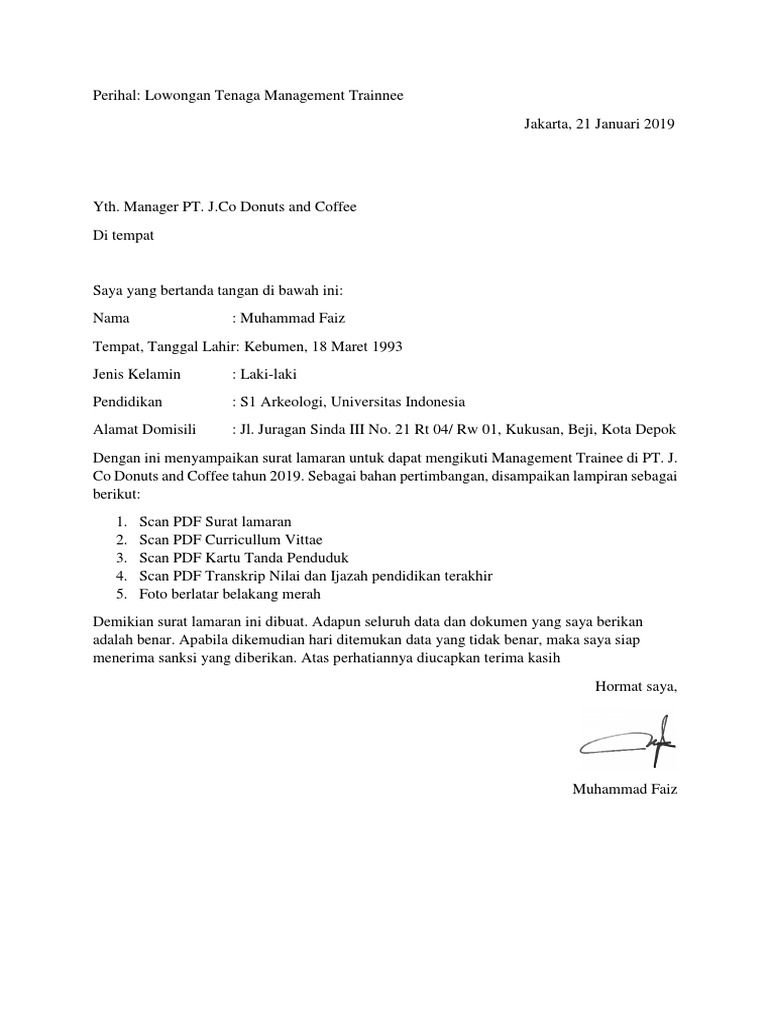 Surat Lamaran Pt J Co Donuts And Coffee Pdf