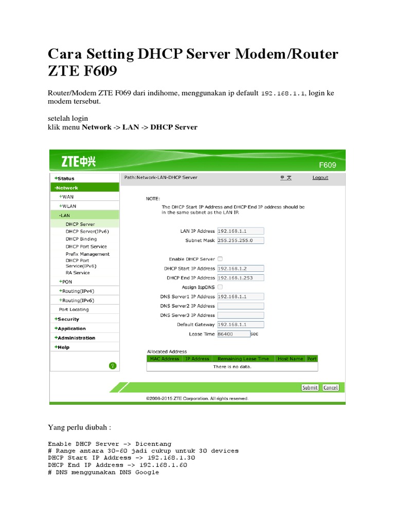Configuring the DHCP Server on a ZTE F609 Router PDF