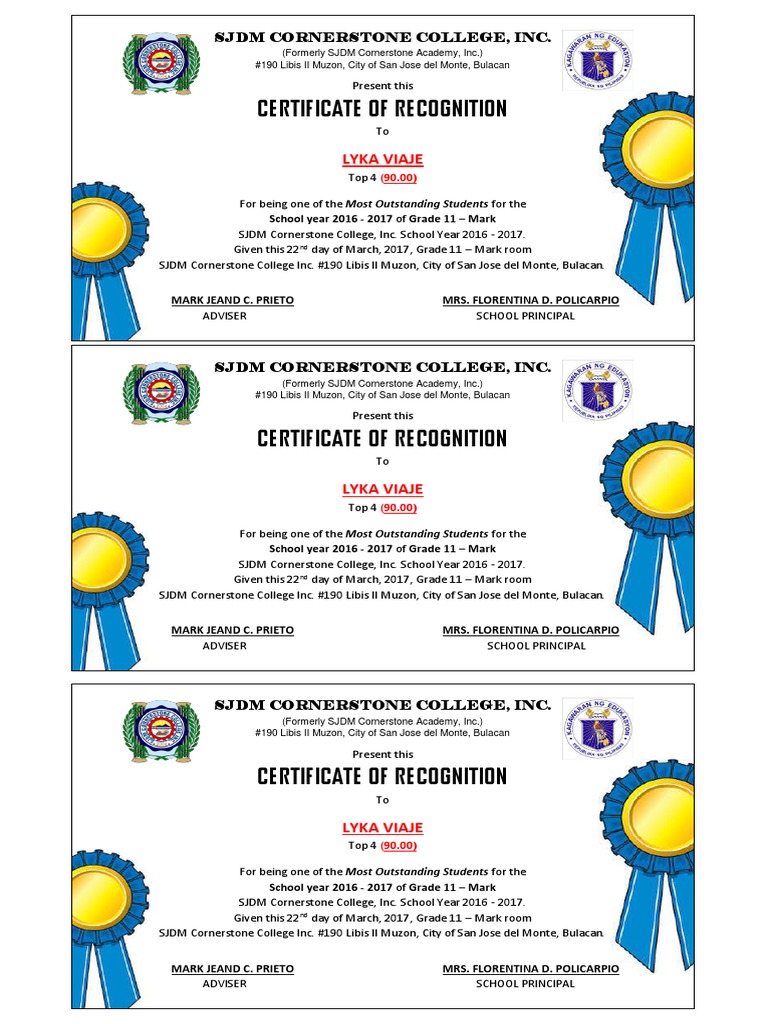 Certificate of Recognition for Top 4 Student | PDF