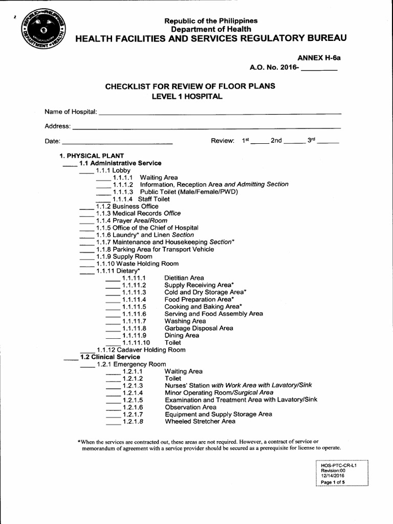 Level 1 Hospital Floor Plan Checklist | PDF | Operating Theater | Hospital