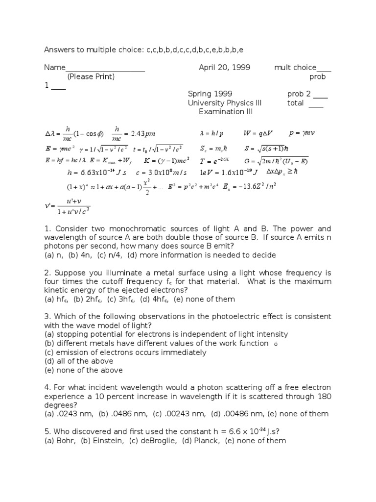 Exam3s99 1 Electronvolt Electron