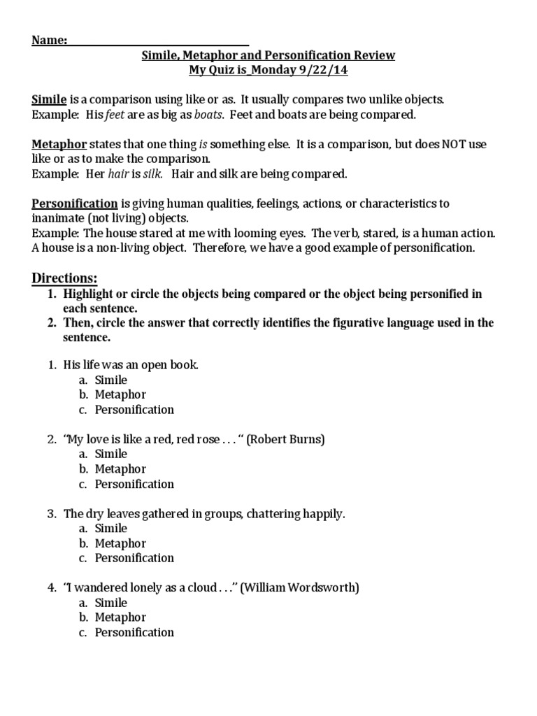 SimileMetaphorPersonification Review Worksheet  Metaphor For Figurative Language Review Worksheet