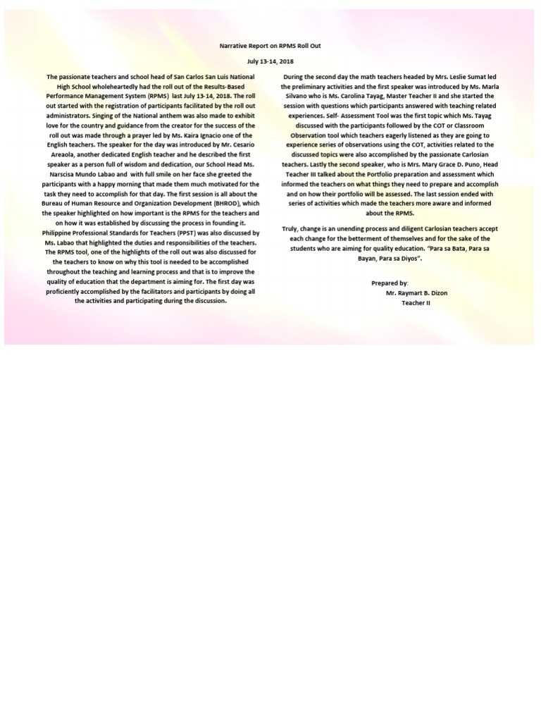 Narrative Report On Rpms Roll Out Pdf Applied Psychology Education Theory