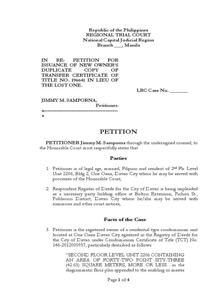 petition for reissuance of title.docx Deed Judiciaries