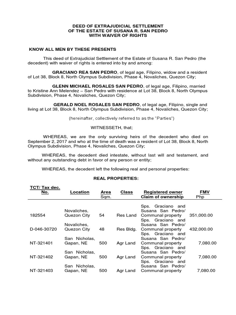 Extrajudicial Settlement of Susana San Pedro Estate | PDF | Ownership ...