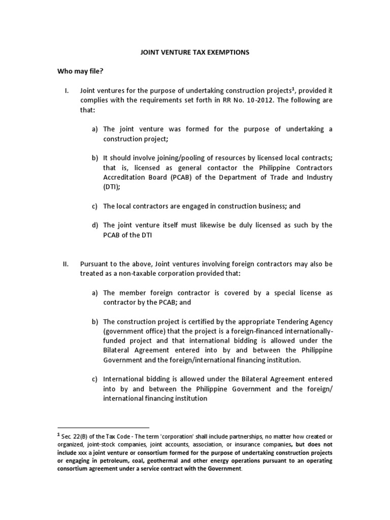 Joint Venture Tax Exemptions PDF Taxation In The United States