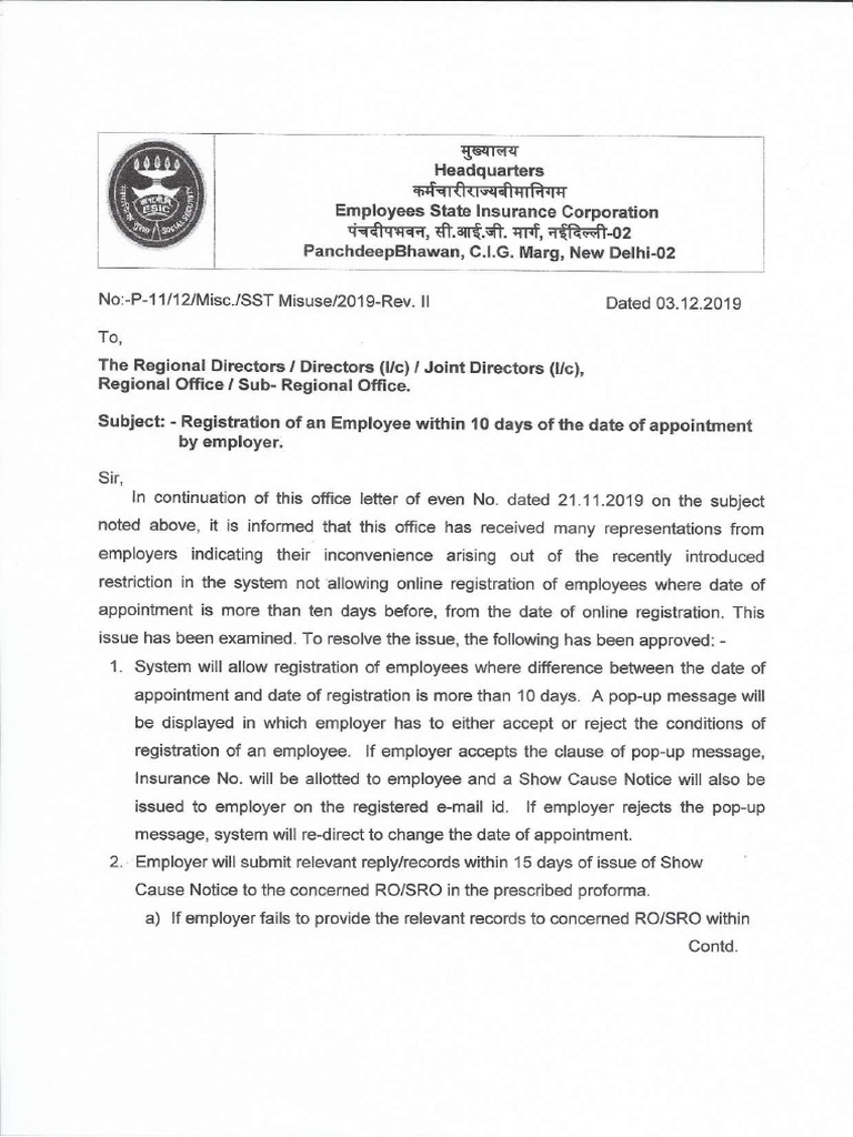 ESIC Circular On Delay in Registration of Employee PDF