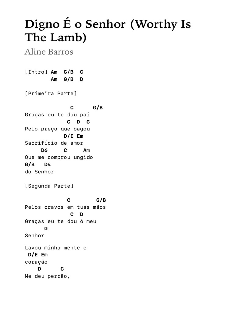 Digno É o Senhor (Worthy Is The Lamb) - Aline Barros - Cifra Club | PDF