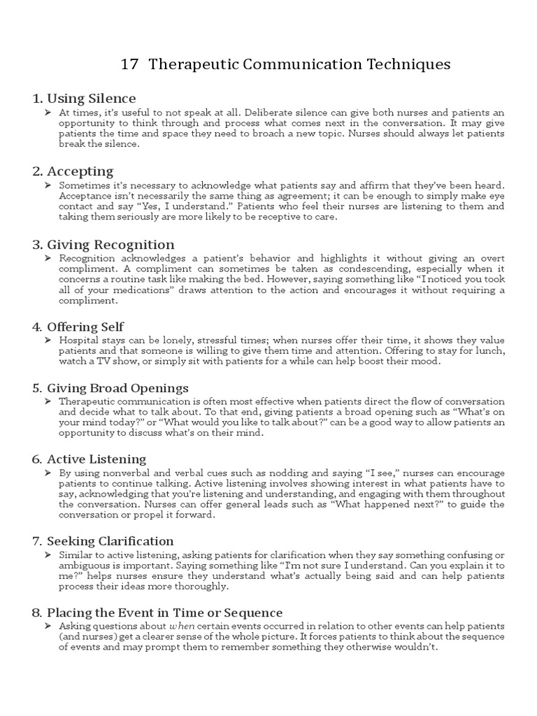 Therapeutic Communication Techniques PDF Perception Nursing