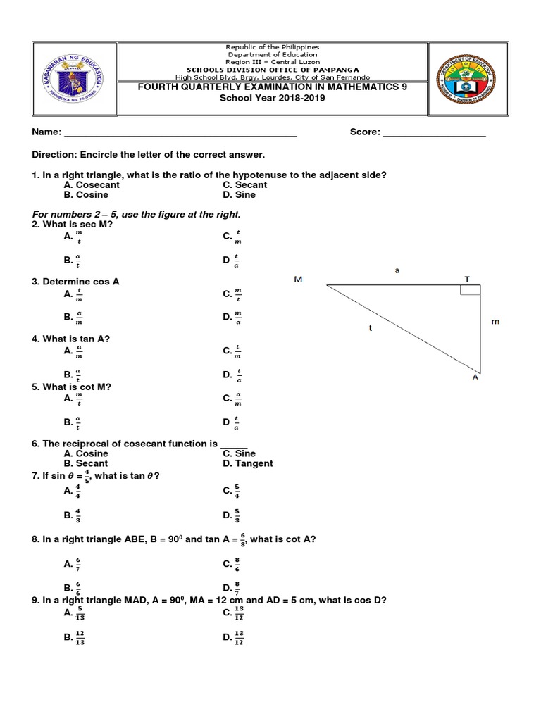 Grade 9 Math 4th Quarter Exam Review | PDF | Trigonometric Functions ...