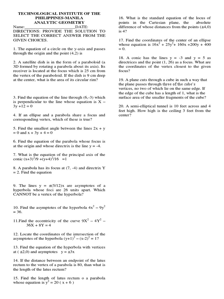 Analytic Geometry Problems and Solutions PDF Analytic Geometry Space