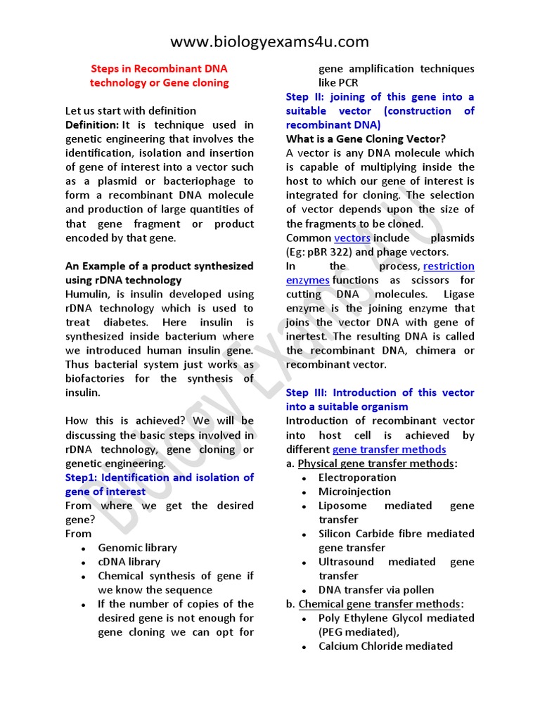 Steps in Recombinant DNA Technology | PDF | Molecular Cloning ...