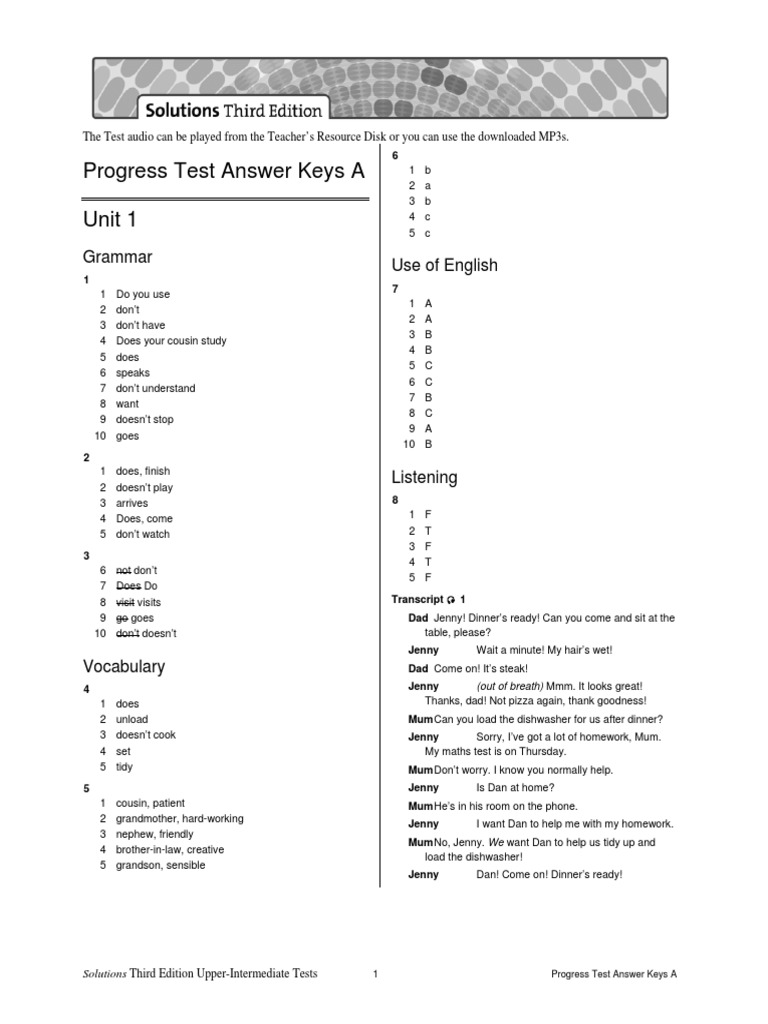 Solutions elementary Unit 7 short test worksheet