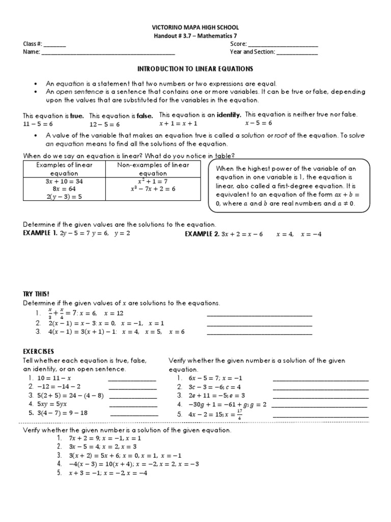 Handout Introtolinearequation Equations Elementary Mathematics