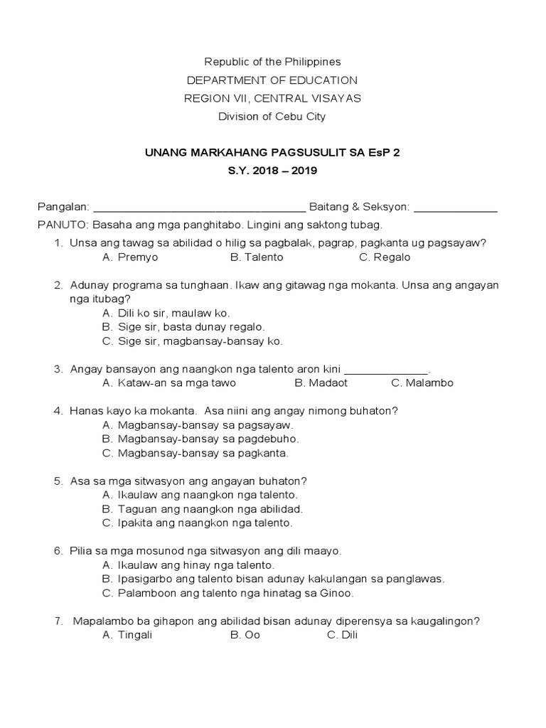 First Periodical Test In Esp2 Pdf
