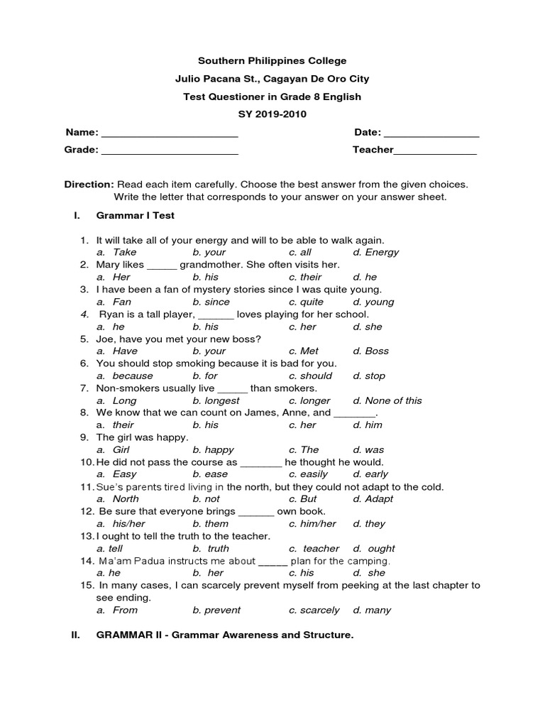 Grade 8 English Test Questions | PDF | Poetry | Narrative