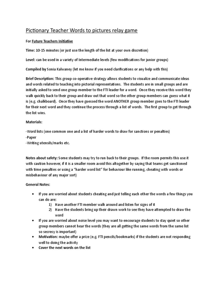 PictionaryTeacher Words To Pictures Relay Game PDF Cognition