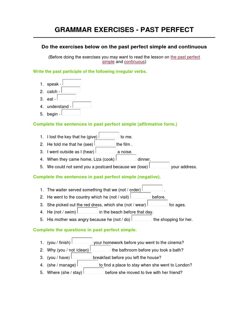 Past Perfect Grammar Exercises | PDF | Syntax | Linguistics