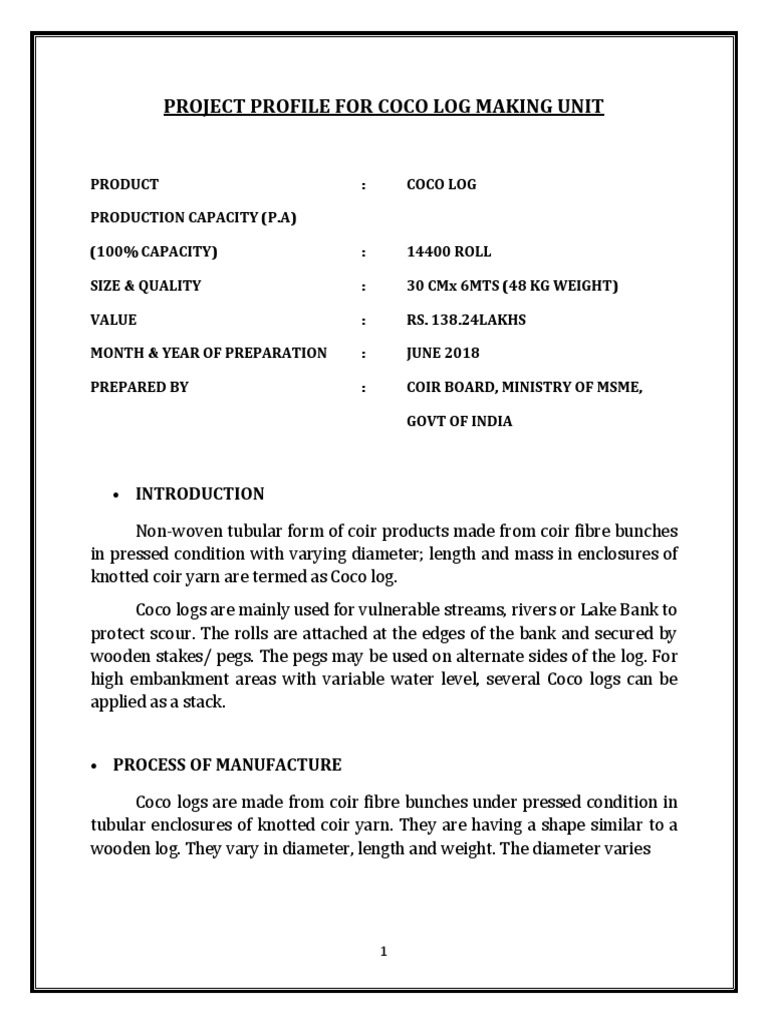 Coco Log Manufacturing Project Profile | PDF | Economies | Business