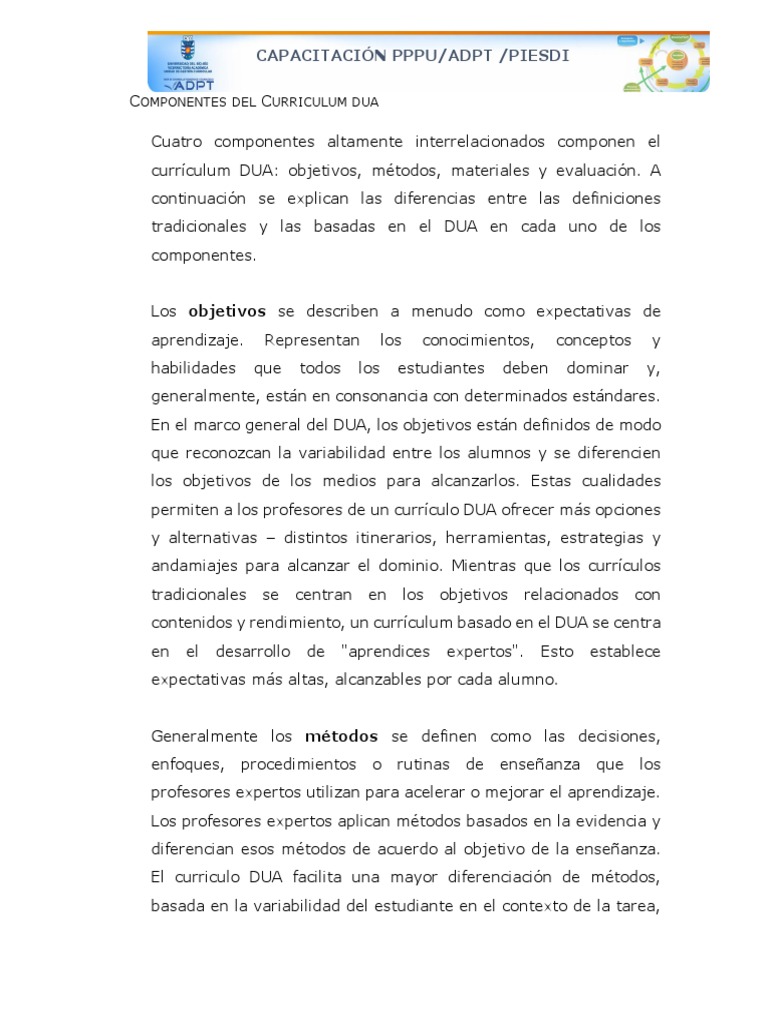 Componentes del Currículum DUA | PDF | Plan de estudios | Evaluación