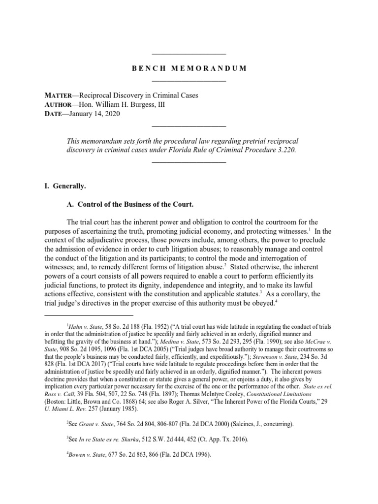 Bench Memorandum Reciprocal Discovery in Criminal Cases PDF