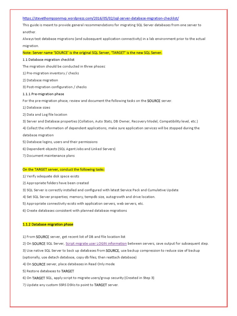 SQL DB Migration Checklist (Praveen) MB: 91-8197293434 PDF | PDF ...