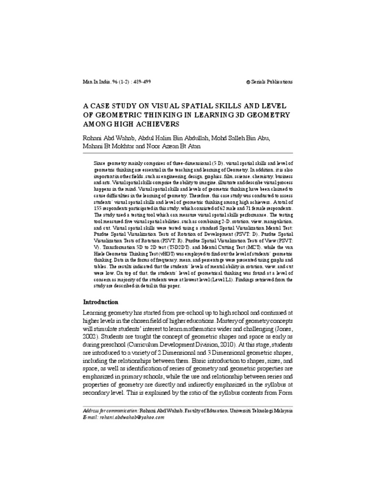 A Case Study On Visual Spatial Skills and Level of Geometric Thinking ...