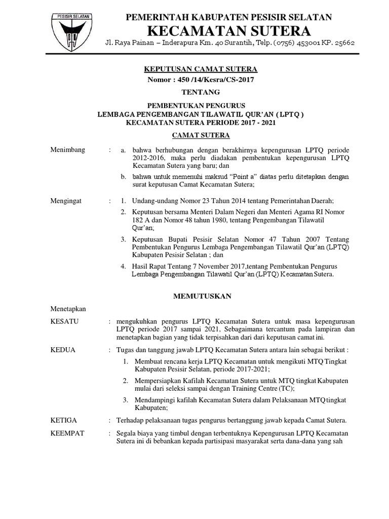 Pembentukan Pengurus LPTQ Sutera 2017-2021 | PDF