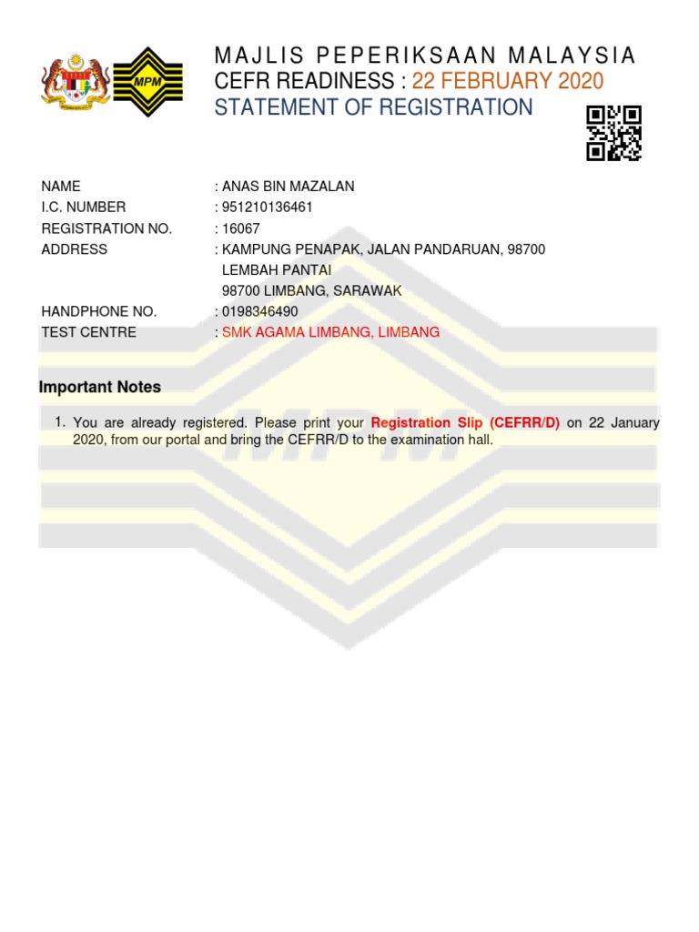 Cefr Readiness Test Registration Slip