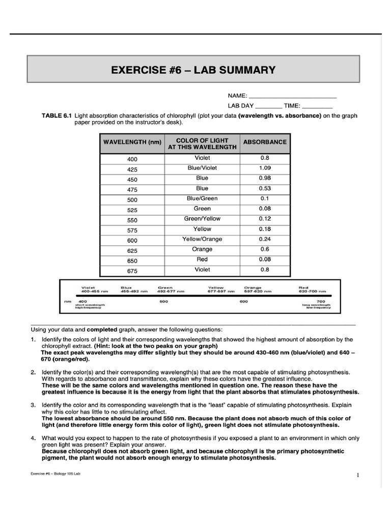 Biology 105 Lab Summary 6 Key PDF