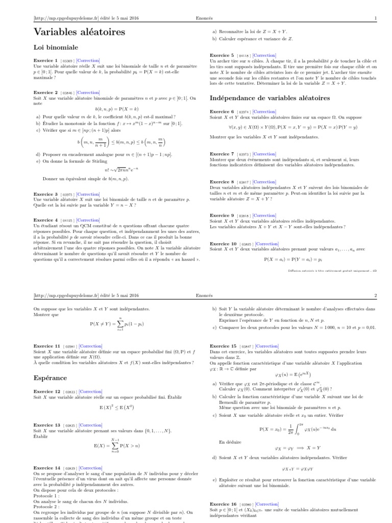 Variables Aléatoires PDF | PDF | Espérance mathématique | Variance ...