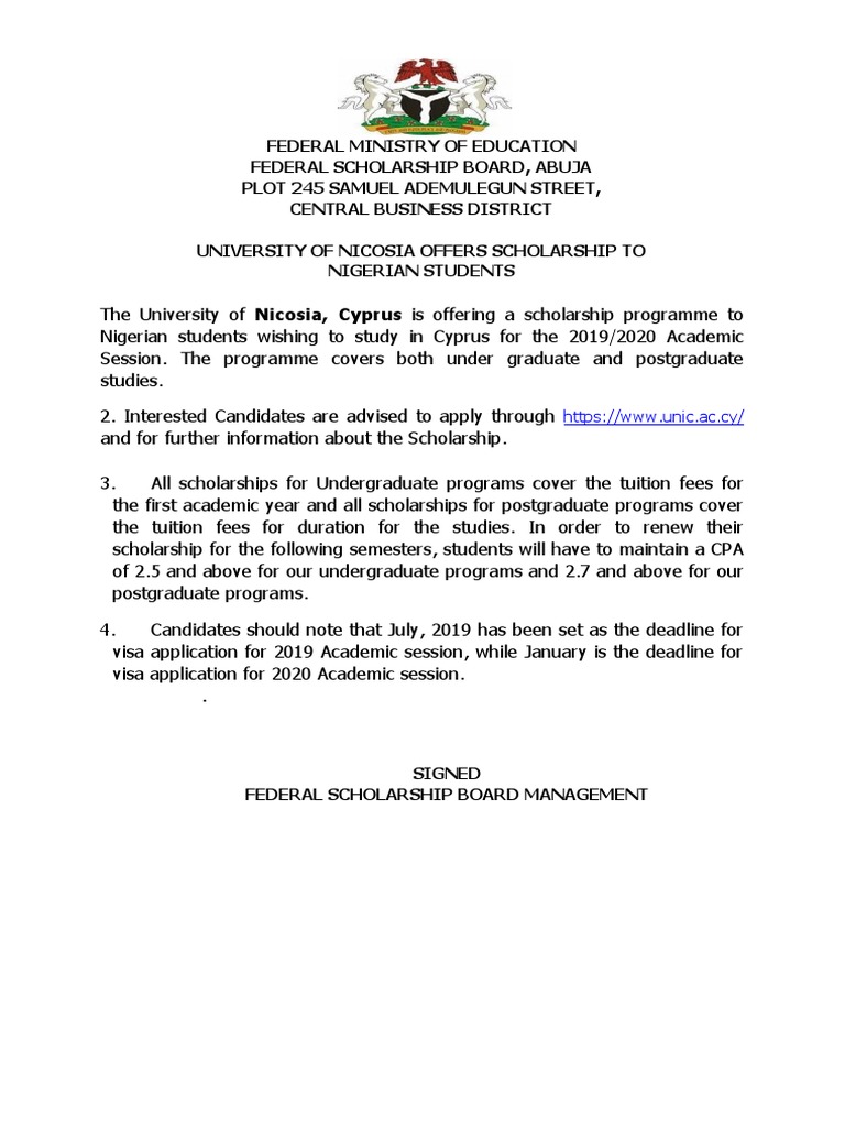 UNIC Scholarship for Nigerian Students | PDF