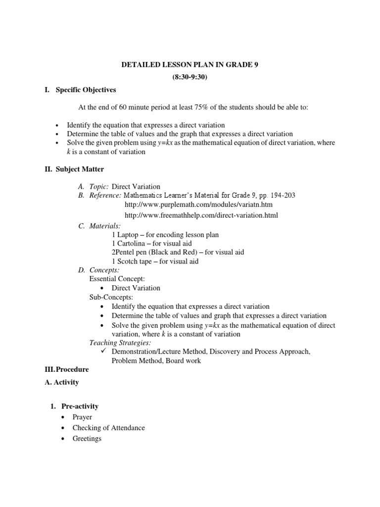 Grade 9 Math: Direct Variation | PDF | Lesson Plan | Equations