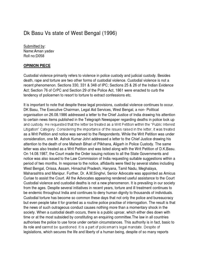 DK Basu Vs State of West Bengal (1996) | PDF | Torture | Police