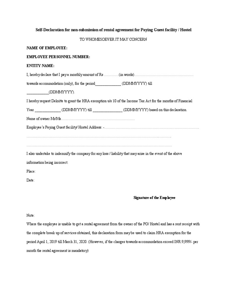 Self Declaration For Rental Agreement Not Available - Paying Guest 